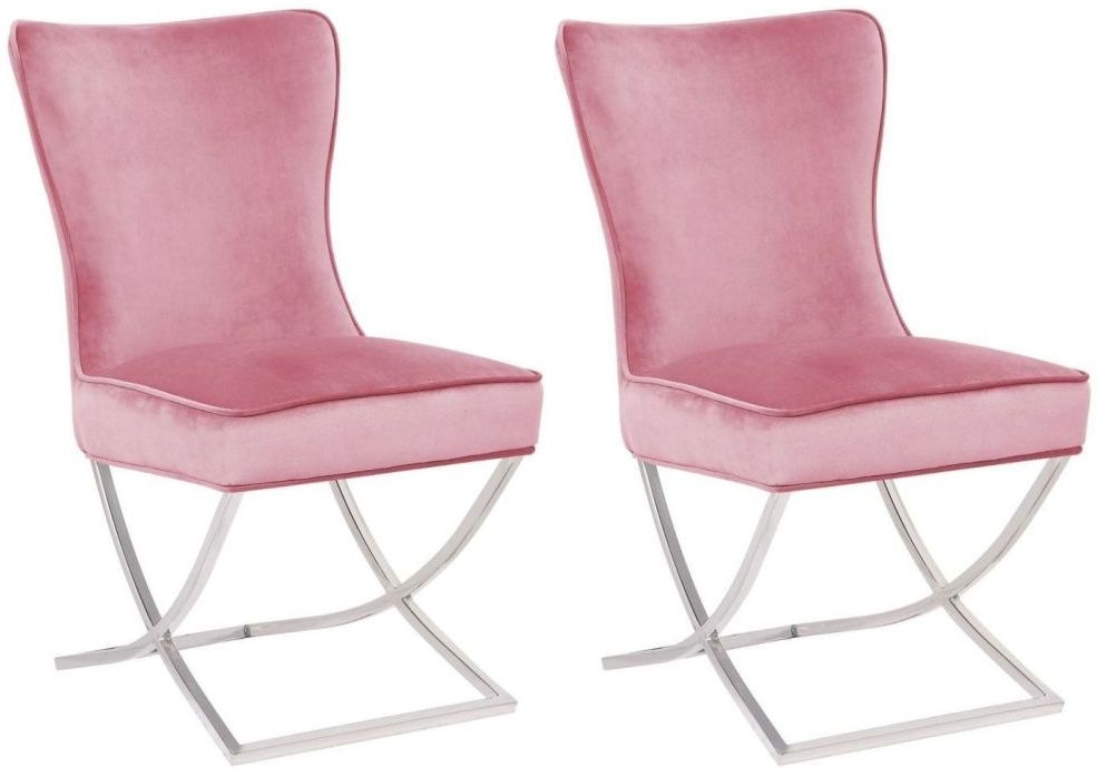Hampton Pink Fabric Dining Chair With Cross Chrome Legs Pair