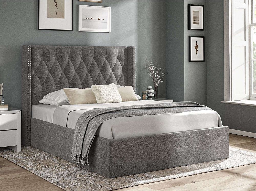 Dark Grey Velvet Fabric Ottoman Storage Bed