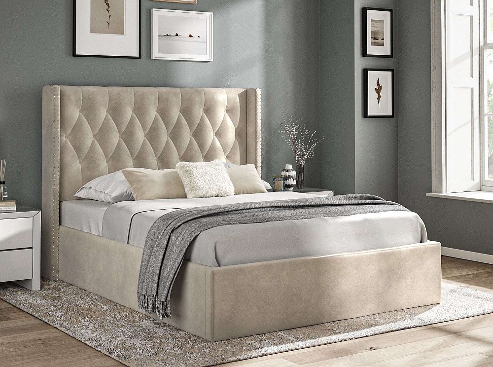 Beige Velvet Fabric Ottoman Storage Bed