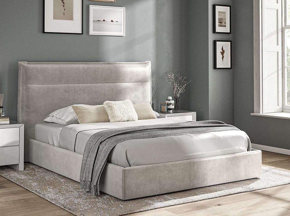 Silver Grey Velvet Fabric Ottoman Storage Bed