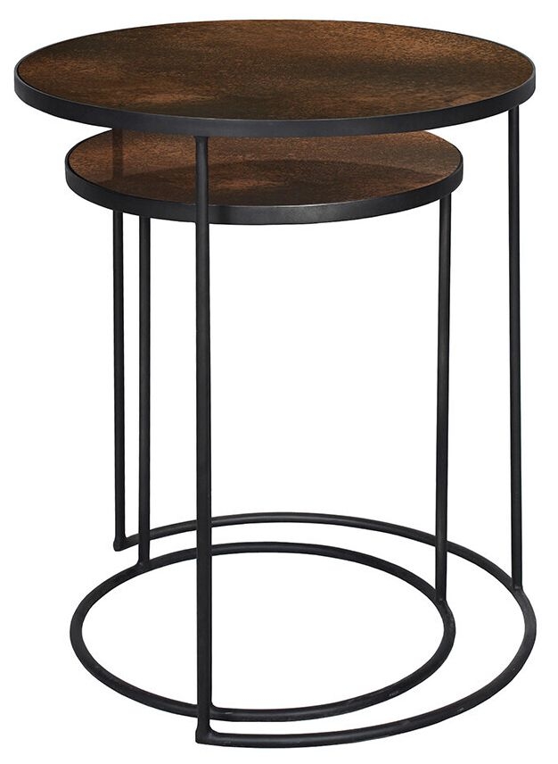 Notre Monde Bronze Heavy Aged Mirror Round Nesting Side Table Set