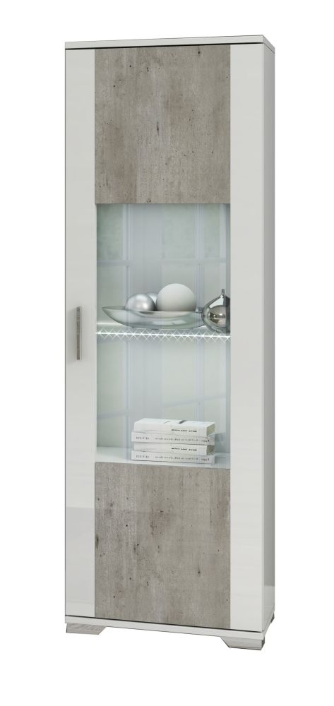 Dylan White And Concrete Grey 1 Right Door Glass Italian Cabinet With Led Light