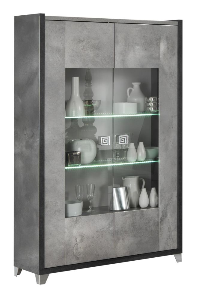 Hilton Grey Marble Effect 2 Door Glass Italian Cabinet With Led Light