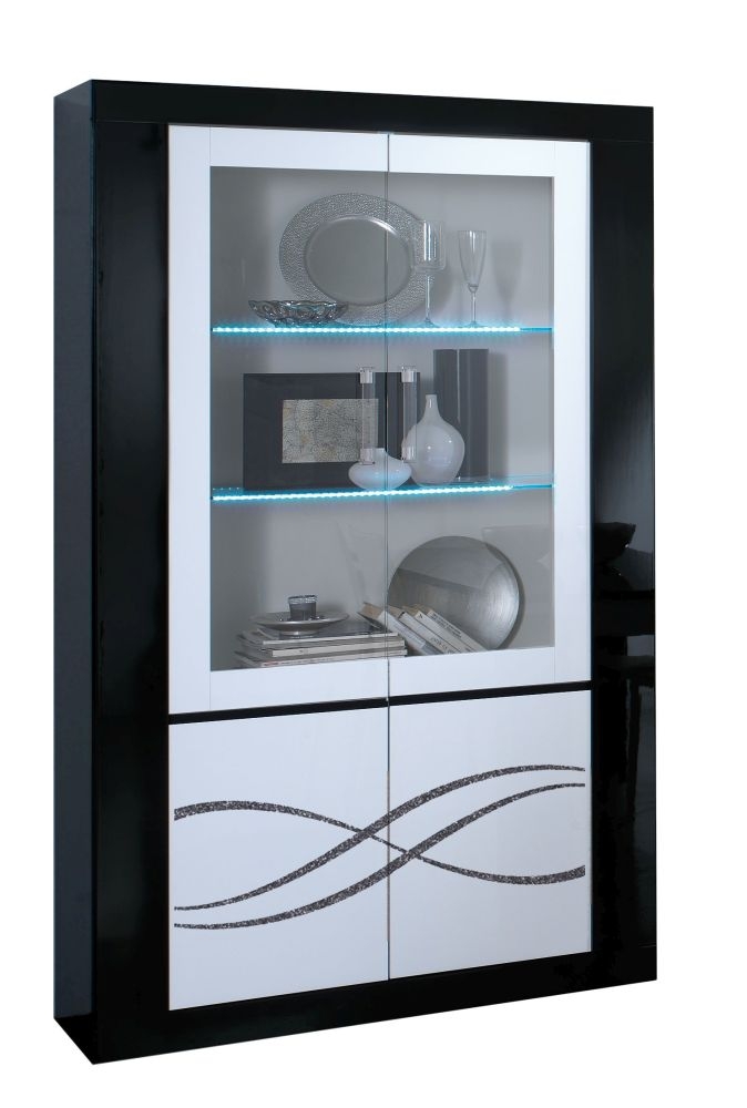 Polaris Luxury Black And White 2 Glass Door Italian Cabinet With Led Light