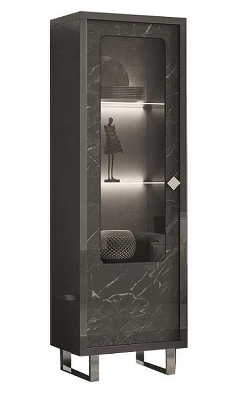 Sky Day Glossy Grey Marble Effect 1 Door Italian Display Cabinet With Led Light