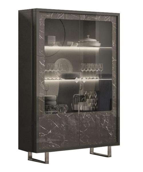 Sky Day Glossy Grey Marble Effect 2 Door Italian Display Cabinet With Led Light