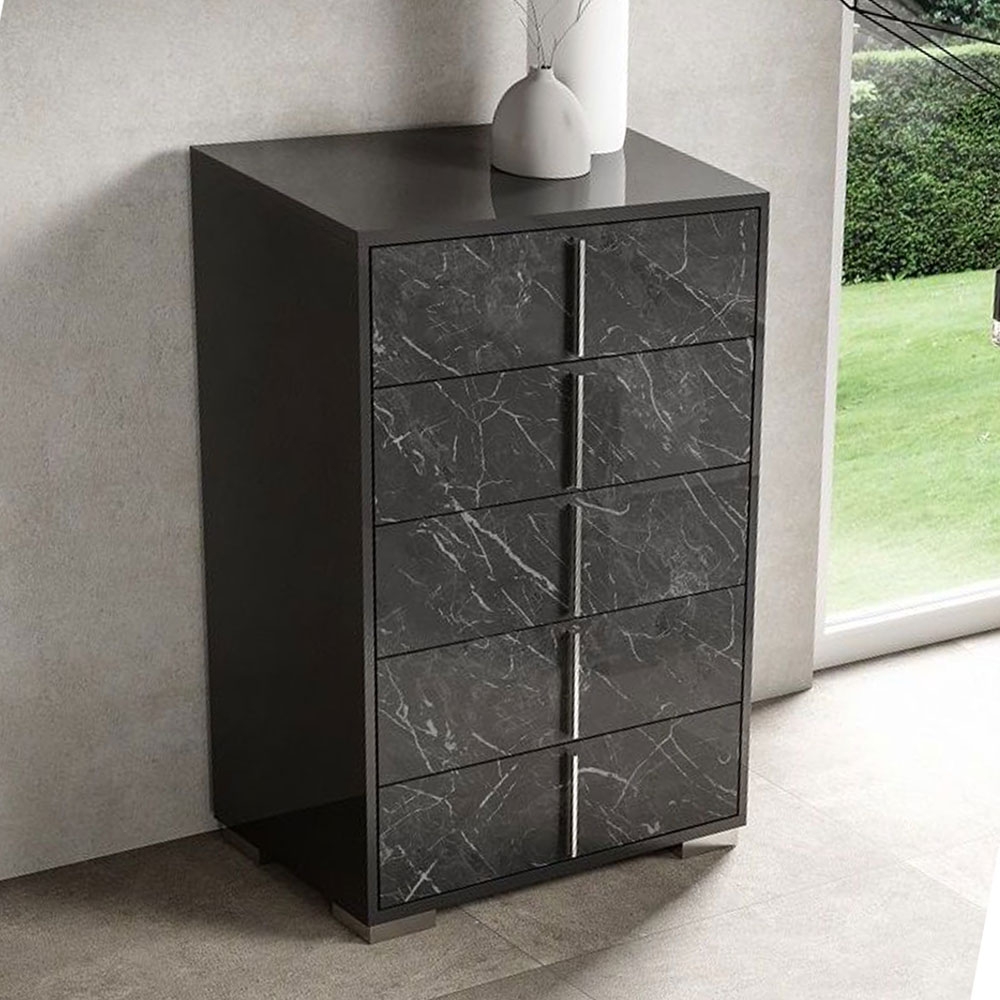 Sky Night Night Glossy Grey Marble Effect 5 Drawer Italian Tallboy Chest