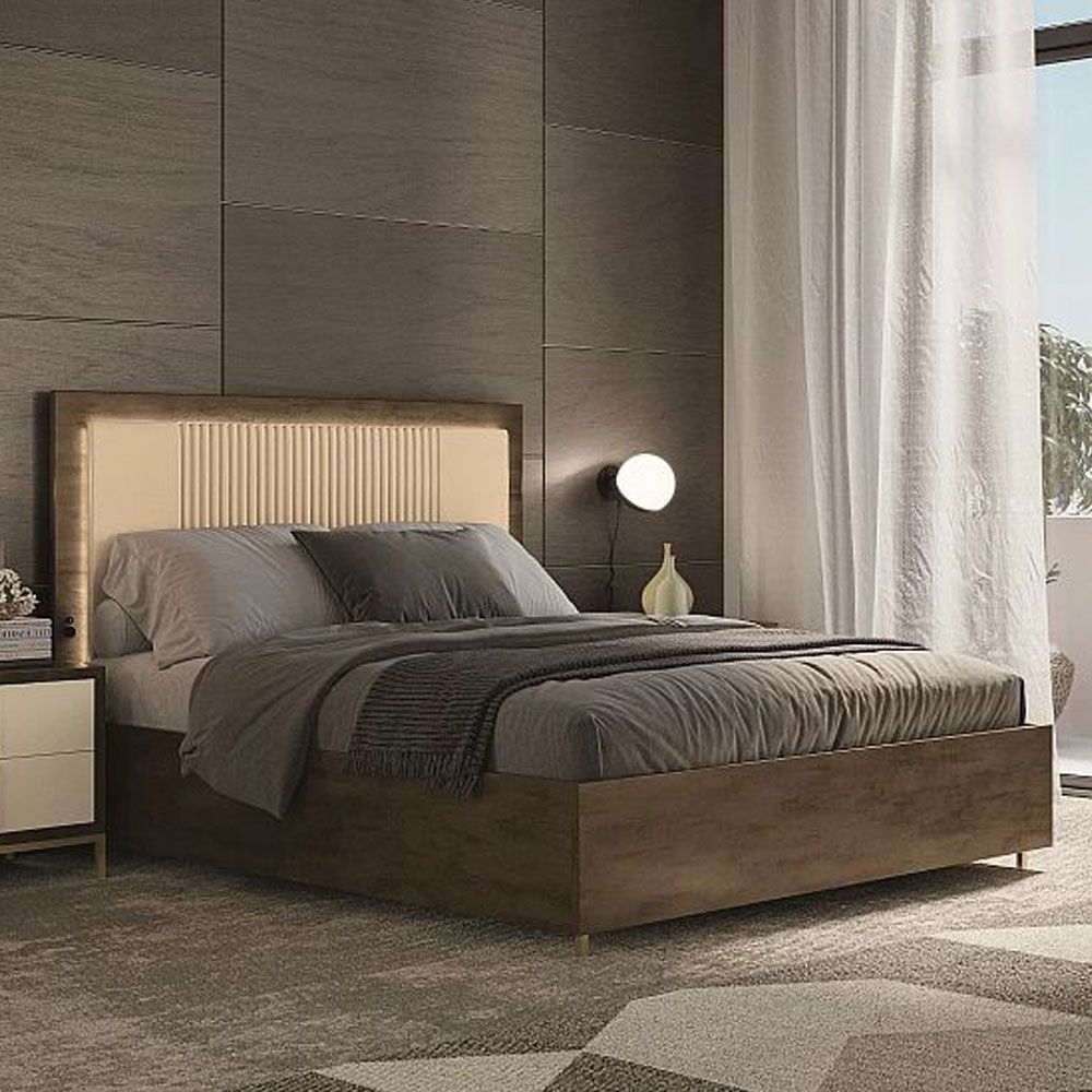 Zara Brown Italian Bed With Beige Faux Leather Headboard