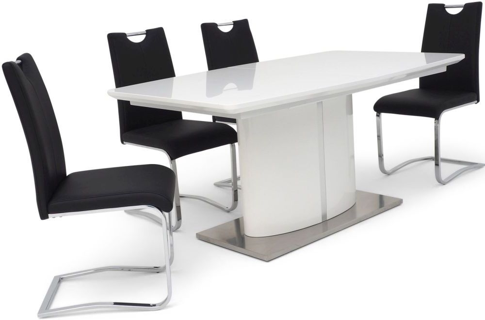 Flavio White High Gloss Butterfly Extending Dining Table And 4 Gabi Black Chairs
