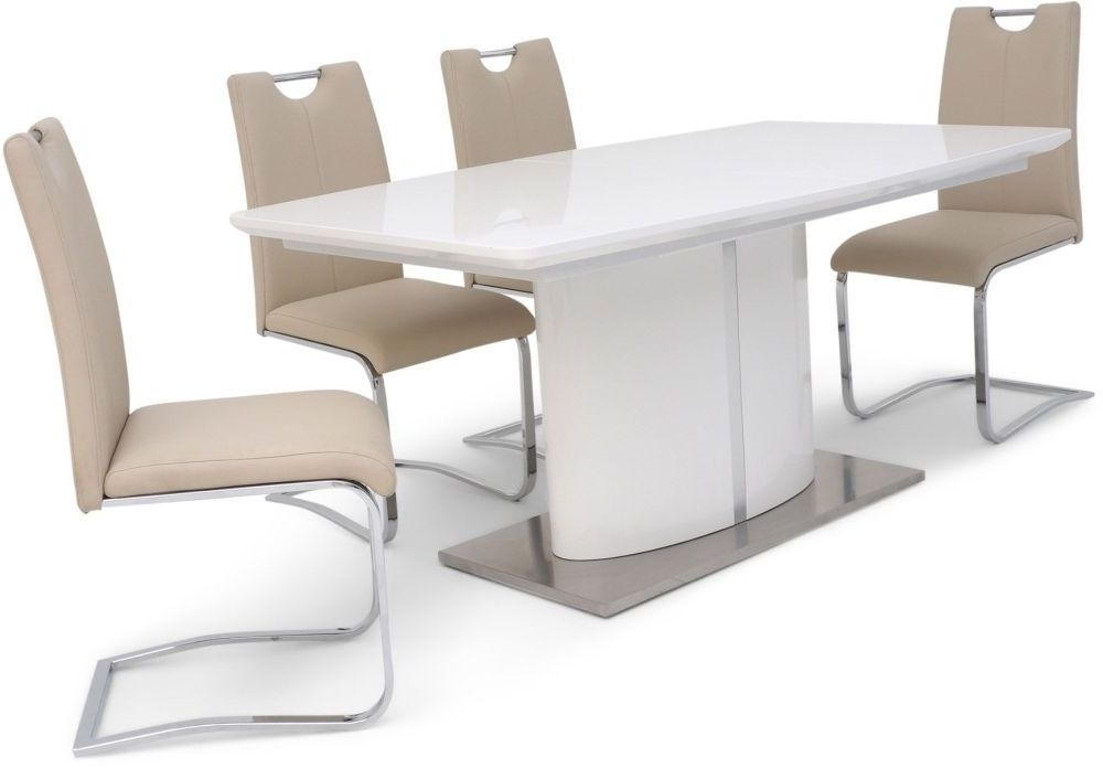 Flavio White High Gloss Butterfly Extending Dining Table And 4 Gabi Cream Chairs