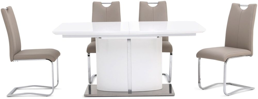 Flavio White High Gloss Butterfly Extending Dining Table And 4 Gabi Taupe Chairs