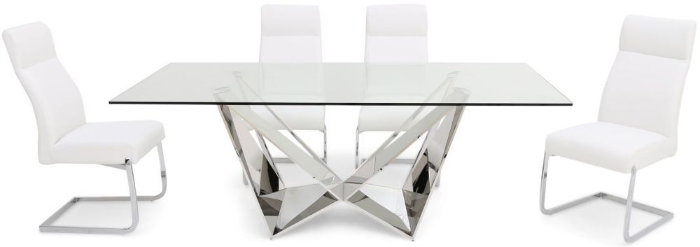 Florentina Glass Dining Table And 4 Dante Chairs Chrome And White