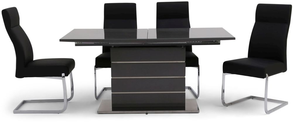 Massimo Grey High Gloss Butterfly Extending Dining Table And 4 Dante Black Chairs