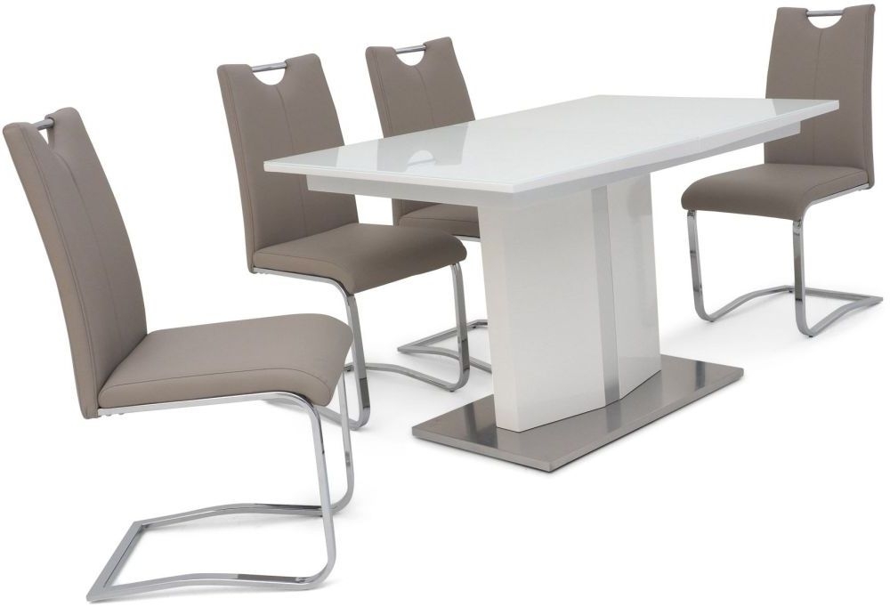 Silvio White High Gloss Butterfly Extending Dining Table And 4 Gabi Taupe Chairs