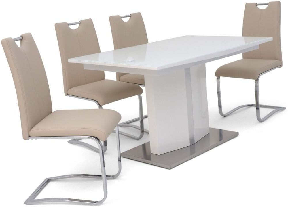 Silvio White High Gloss Butterfly Extending Dining Table And 4 Gabi Cream Chairs