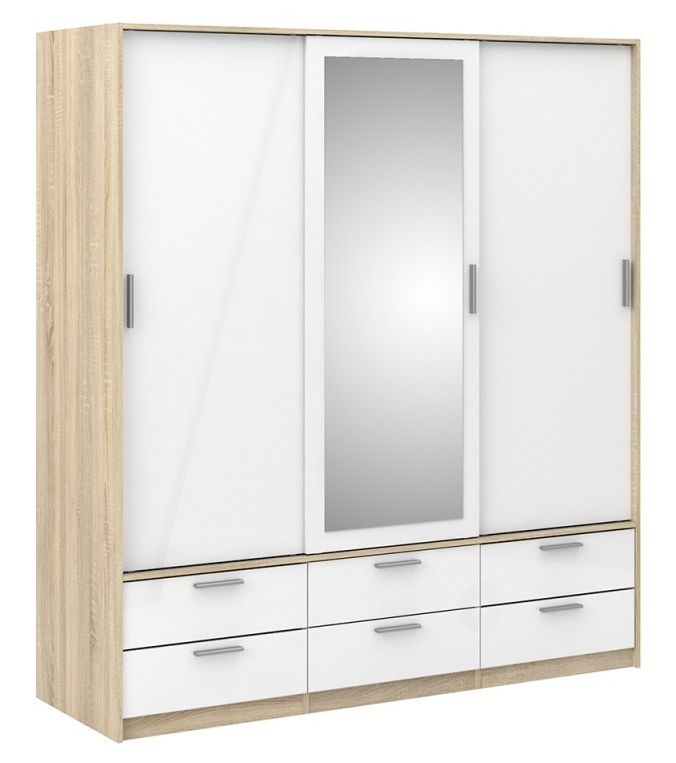 Line Oak And White High Gloss 3 Door 1 Mirror 6 Drawer Combi Sliding Wardrobe