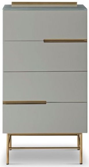 Gillmore Space Alberto Grey Matt Lacquer And Brass Brushed 4 Drawer Narrow Chest