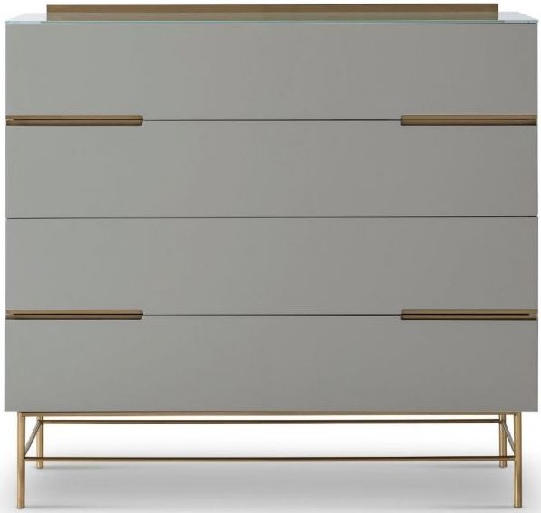 Gillmore Space Alberto Grey Matt Lacquer And Brass Brushed 4 Drawer Wide Chest