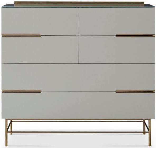 Gillmore Space Alberto Grey Matt Lacquer And Brass Brushed 6 Drawer Wide Chest