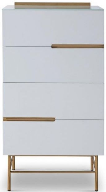 Gillmore Space Alberto White Matt Lacquer And Brass Brushed 4 Drawer Narrow Chest
