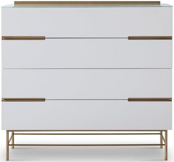 Gillmore Space Alberto White Matt Lacquer And Brass Brushed 4 Drawer Wide Chest