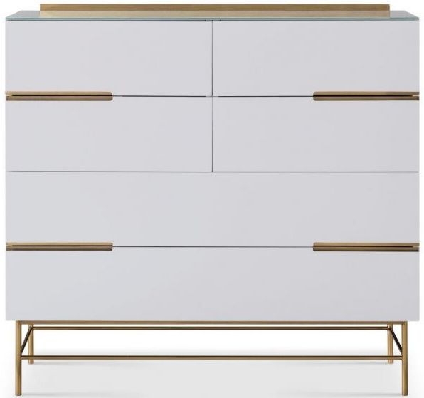 Gillmore Space Alberto White Matt Lacquer And Brass Brushed 6 Drawer Wide Chest