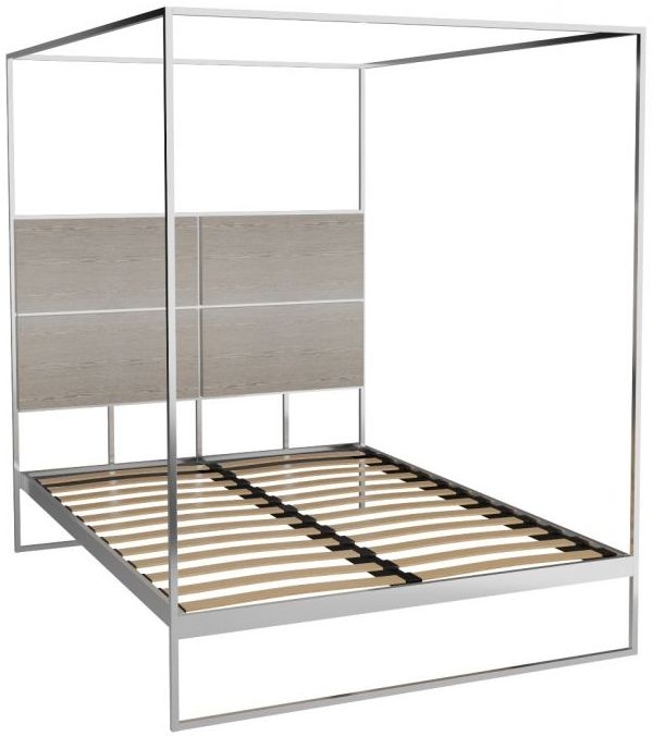 Gillmore Space Federico Polished Chrome Canopy Frame Bed With Weathered Oak Headboard