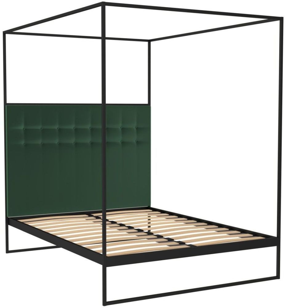 Gillmore Space Federico Black Metal Canopy Frame Bed With Deep Green Velvet Upholstered Headboard