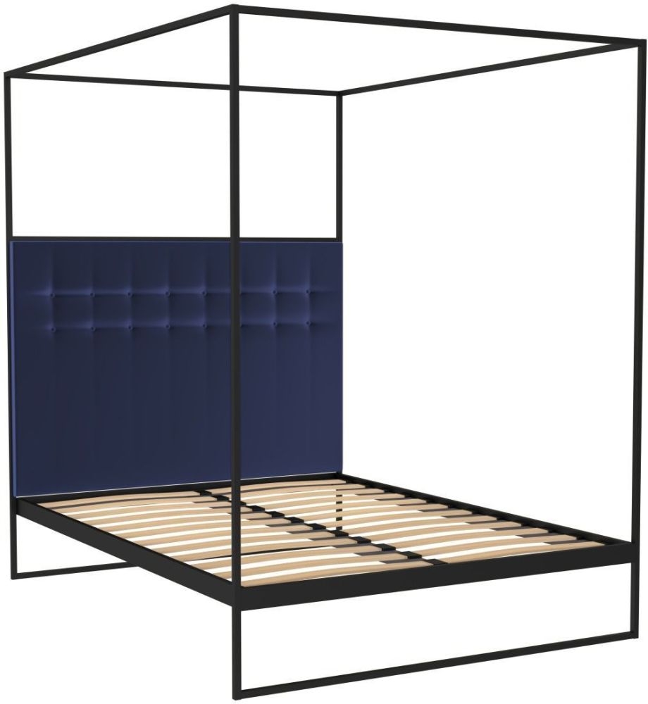 Gillmore Space Federico Black Metal Canopy Frame Bed With Midnight Blue Velvet Upholstered Headboard