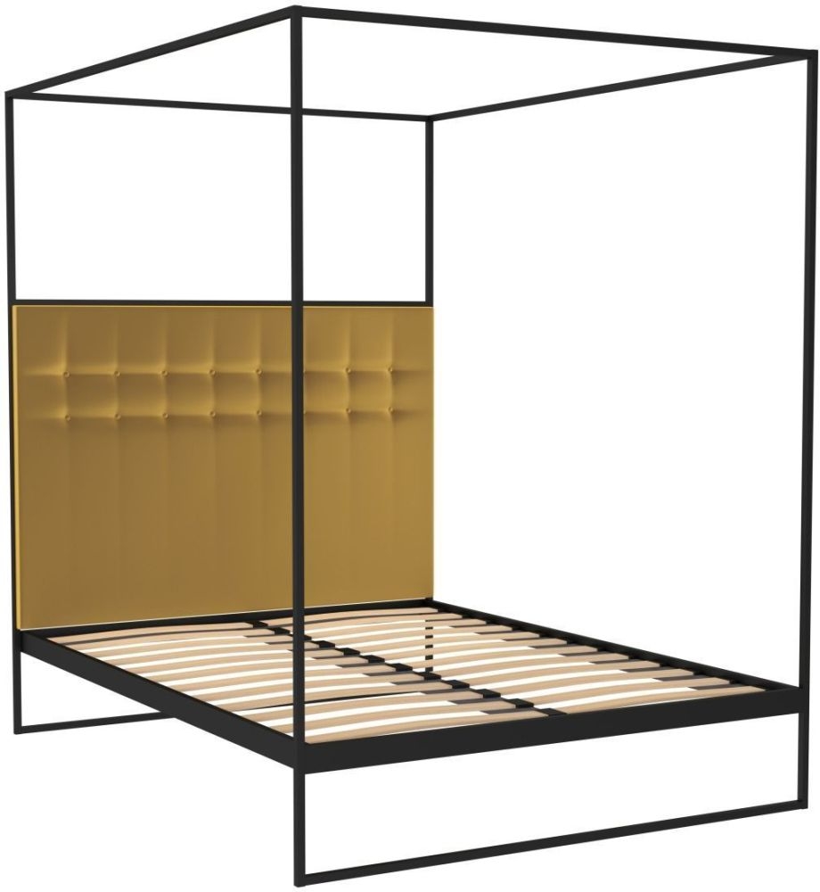 Gillmore Space Federico Black Metal Canopy Frame Bed With Mustard Velvet Upholstered Headboard