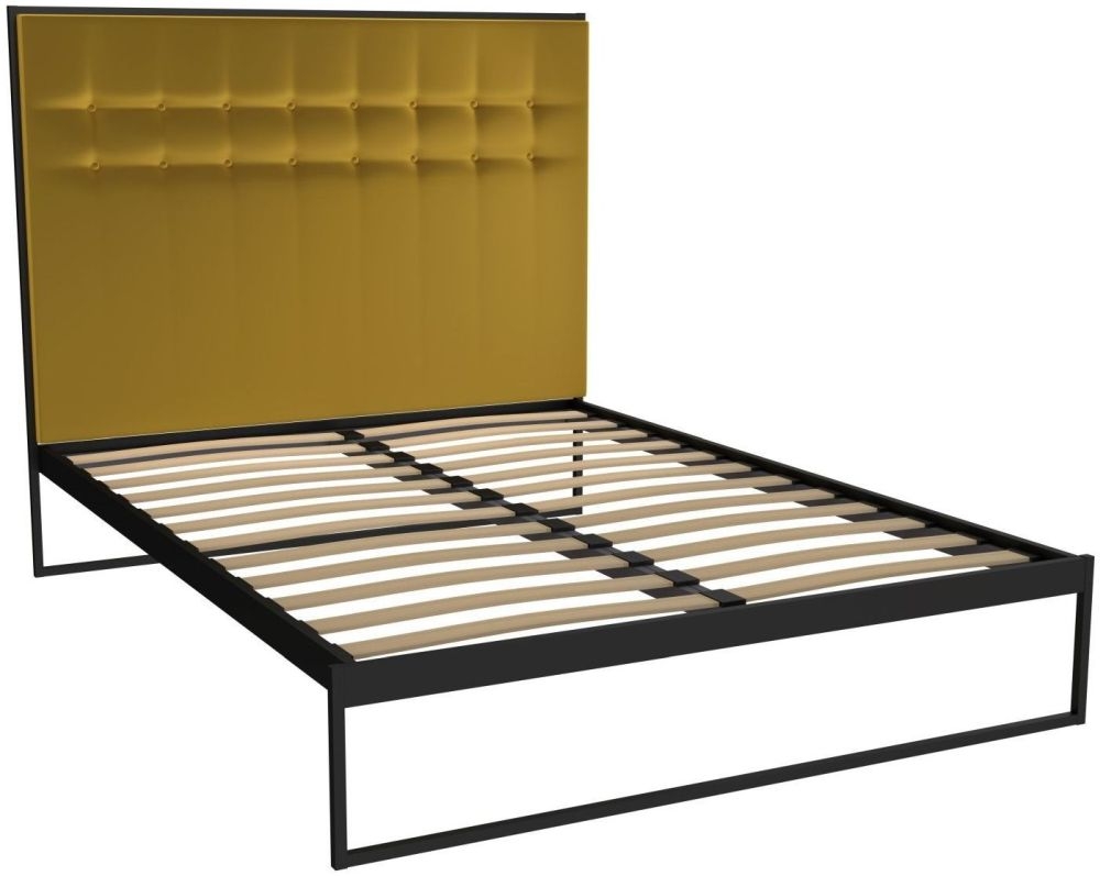 Gillmore Space Federico Black Metal Bed Frame With Mustard Velvet Upholstered Headboard