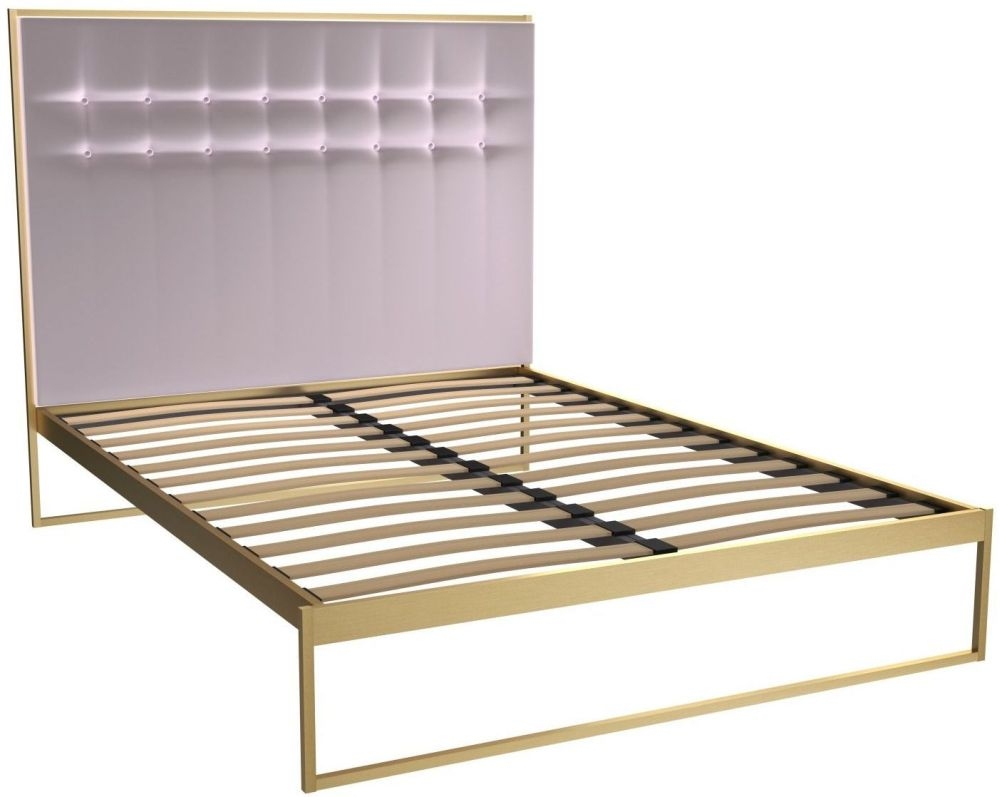 Gillmore Space Federico Brass Brushed Bed Frame With Blush Velvet Upholstered Headboard