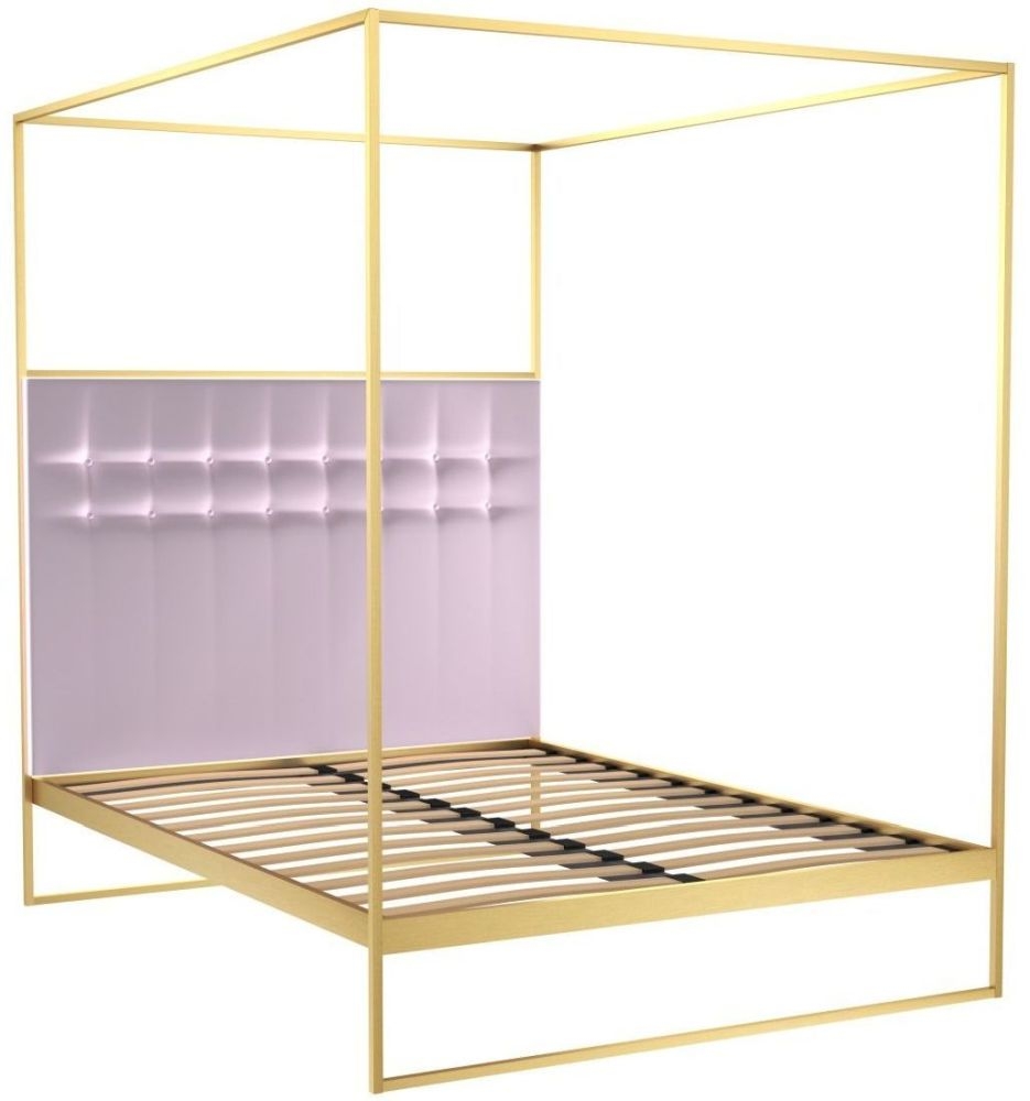 Gillmore Space Federico Brass Brushed Canopy Frame Bed With Blush Velvet Upholstered Headboard