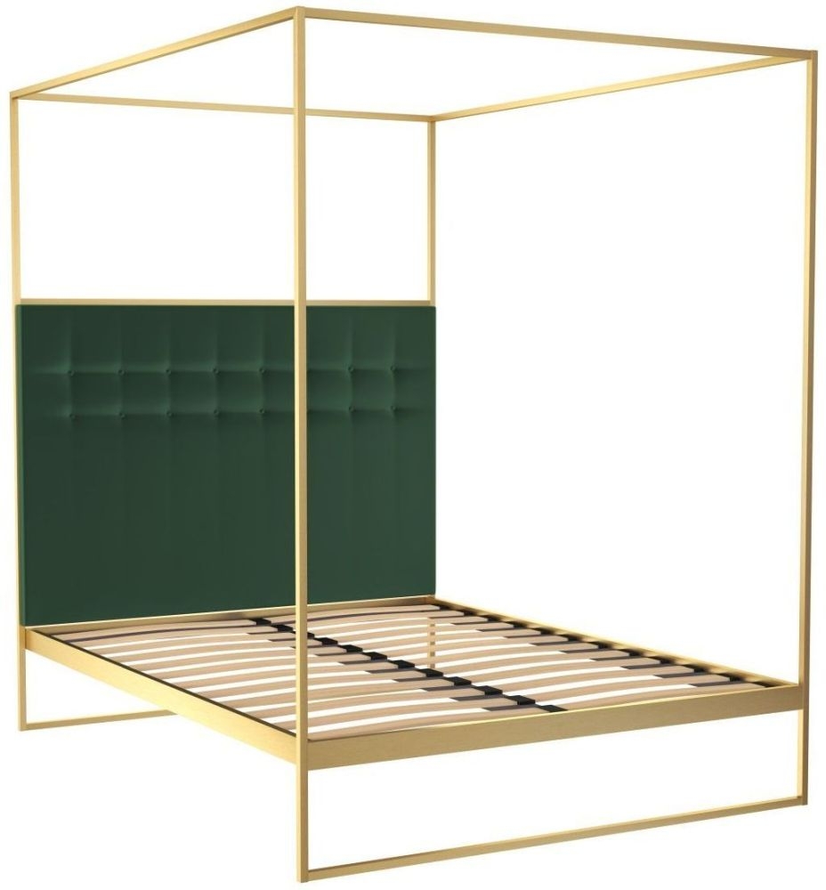 Gillmore Space Federico Brass Brushed Canopy Frame Bed With Deep Green Velvet Upholstered Headboard