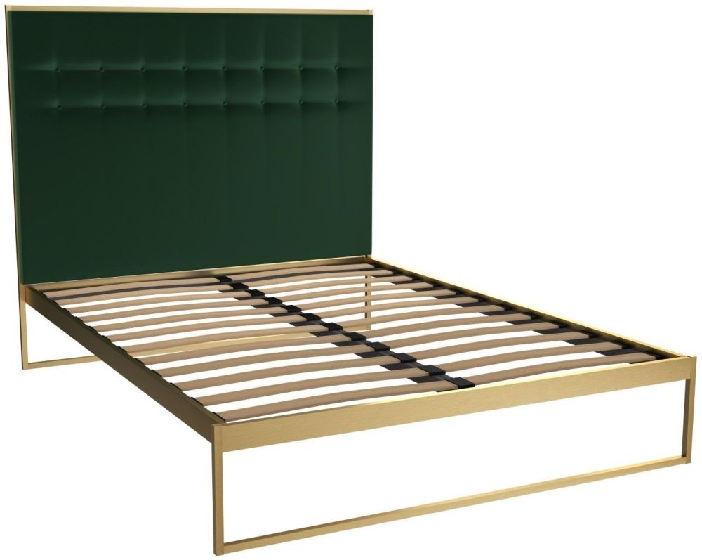 Gillmore Space Federico Brass Brushed Bed Frame With Deep Green Velvet Upholstered Headboard
