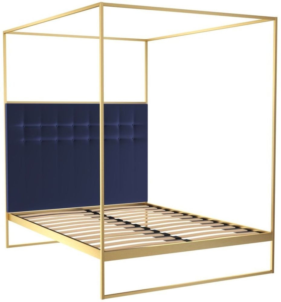Gillmore Space Federico Brass Brushed Canopy Frame Bed With Midnight Blue Velvet Upholstered Headboard
