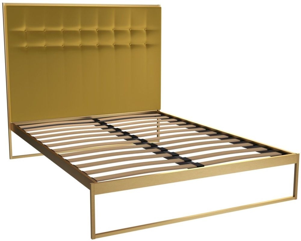 Gillmore Space Federico Brass Brushed Bed Frame With Mustard Velvet Upholstered Headboard