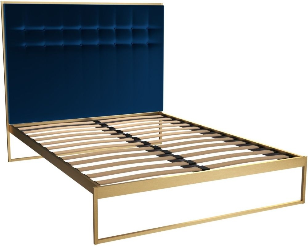 Gillmore Space Federico Brass Brushed Frame Bed With Midnight Blue Headboard