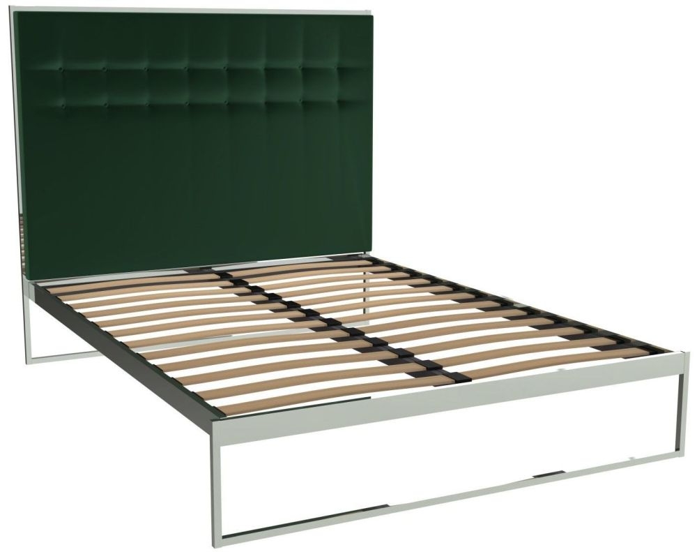 Gillmore Space Federico Polished Chrome Bed Frame With Deep Green Velvet Upholstered 5ft King Size Headboard