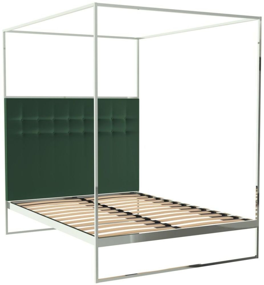 Gillmore Space Federico Polished Chrome Canopy Frame Bed With Deep Green Velvet Upholstered Headboard