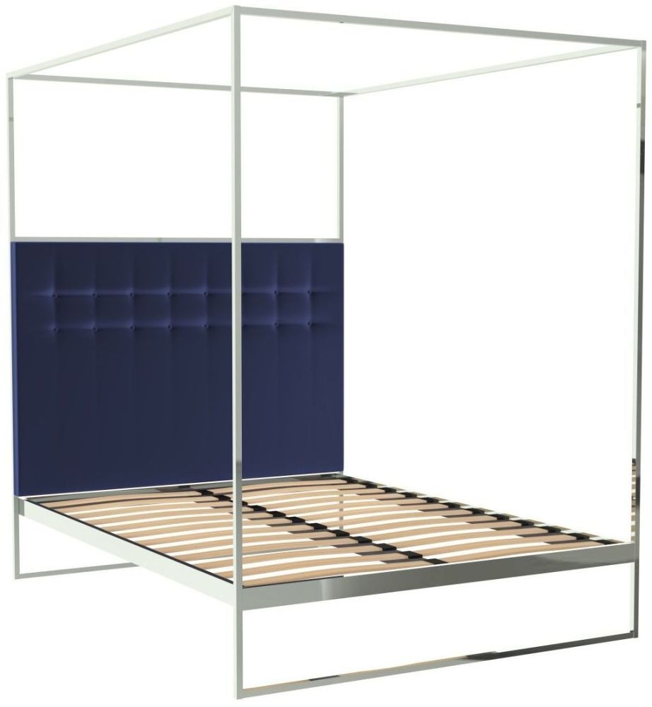 Gillmore Space Federico Polished Chrome Canopy Frame Bed With Midnight Blue Velvet Upholstered Headboard