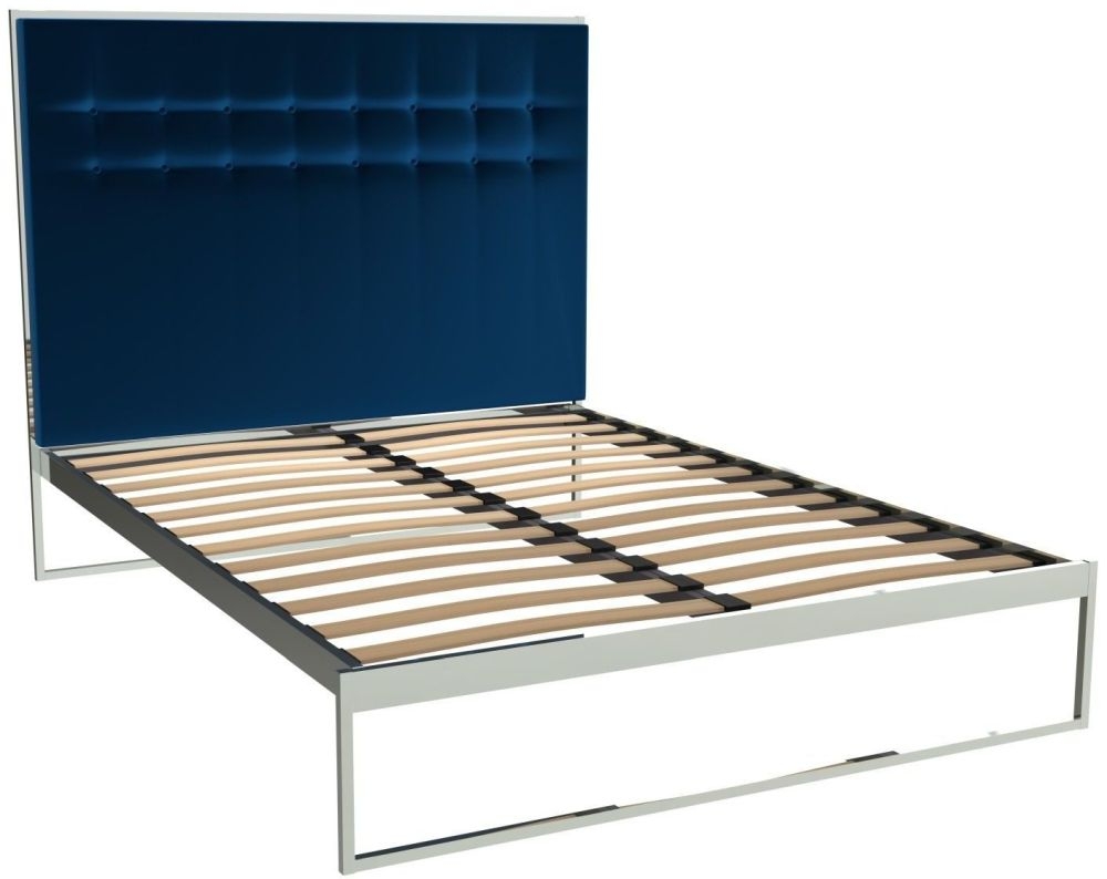 Gillmore Space Federico Polished Chrome Bed Frame With Midnight Blue Velvet Upholstered Headboard
