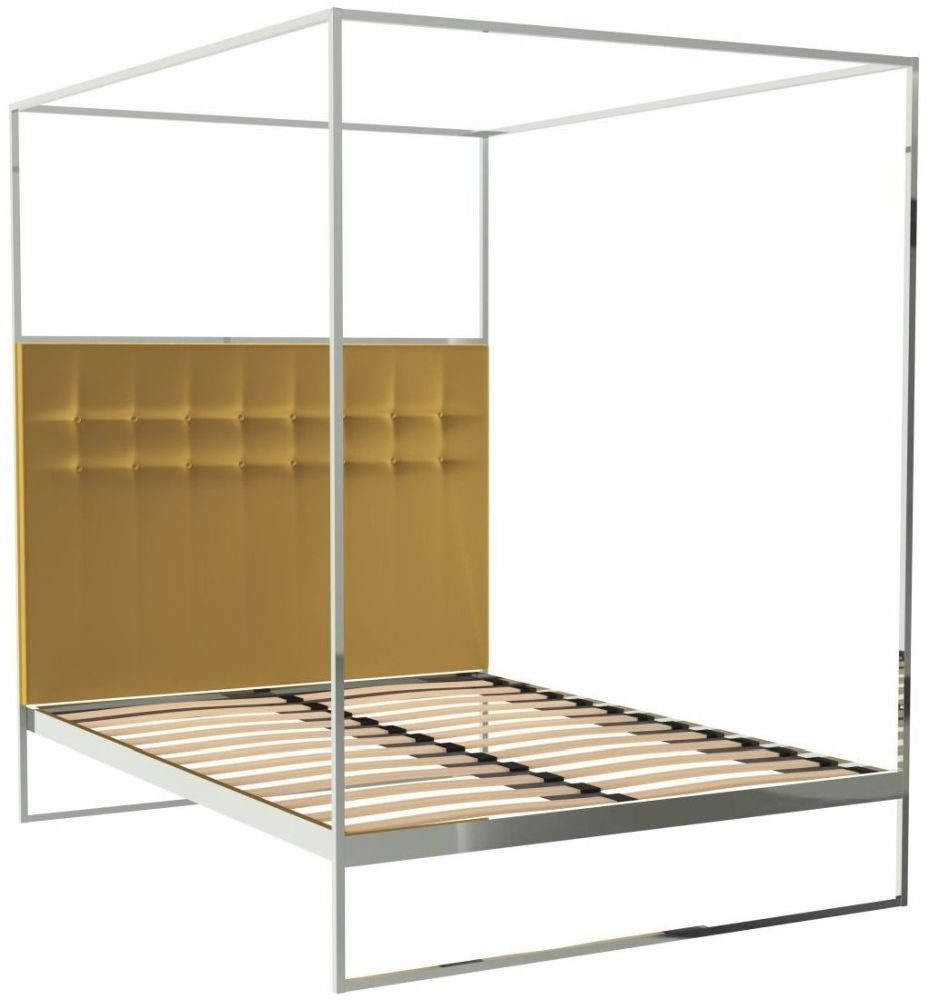 Gillmore Space Federico Polished Chrome Canopy Frame Bed With Mustard Velvet Upholstered Headboard