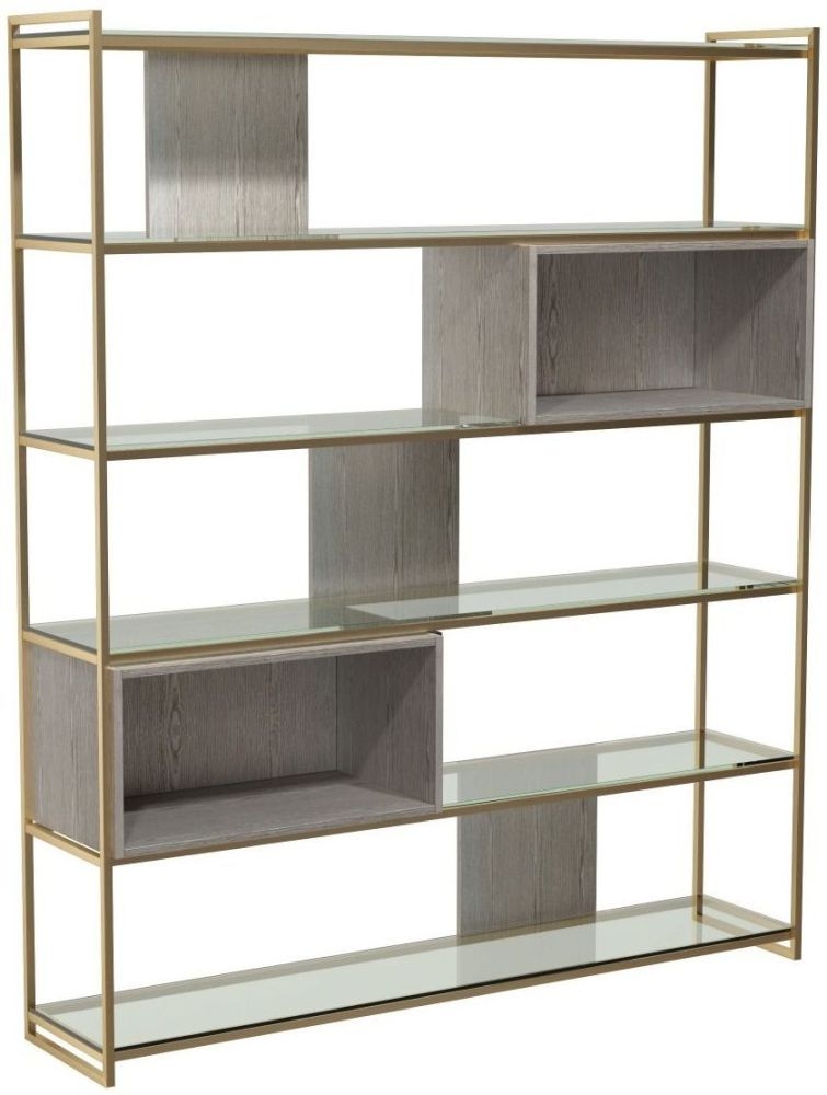 Gillmore Space Federico Weathered Oak High Bookcase With Brass Brushed Frame