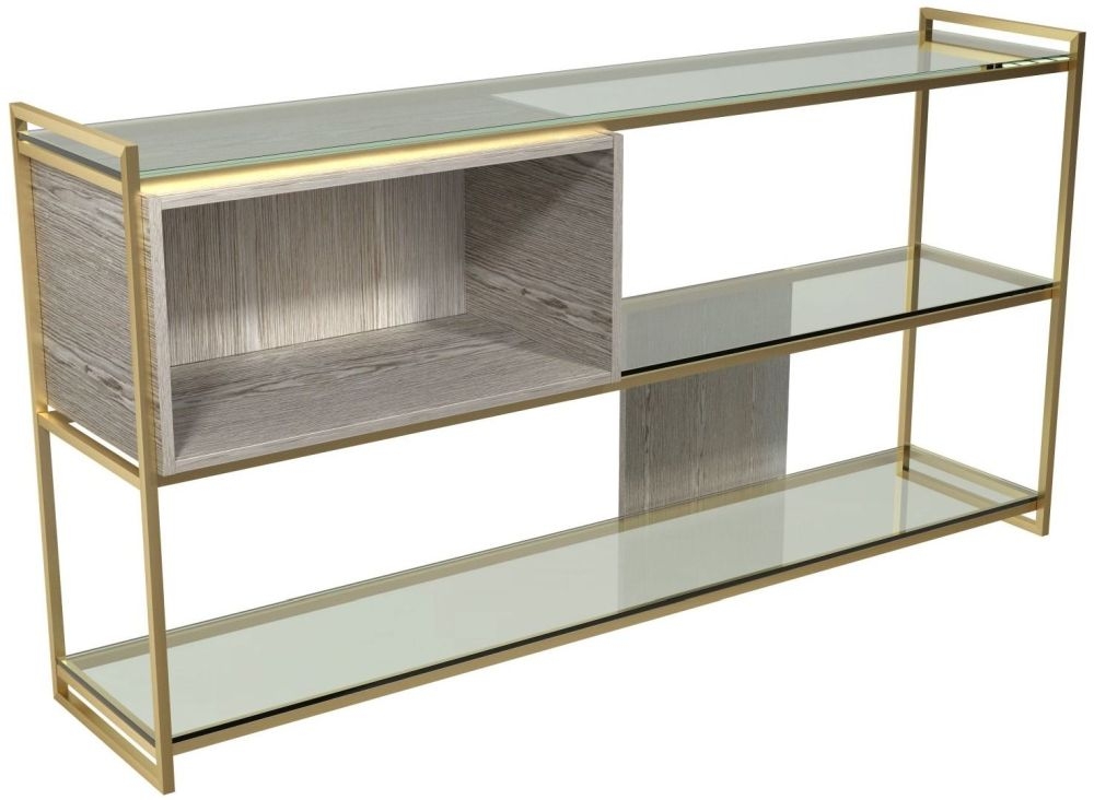 Gillmore Space Federico Weathered Oak Low Bookcase With Brass Brushed Frame