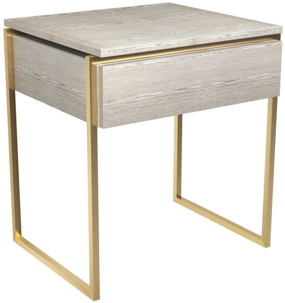 Gillmore Space Federico Weathered Oak 1 Drawer Side Table With Brass Brushed Frame