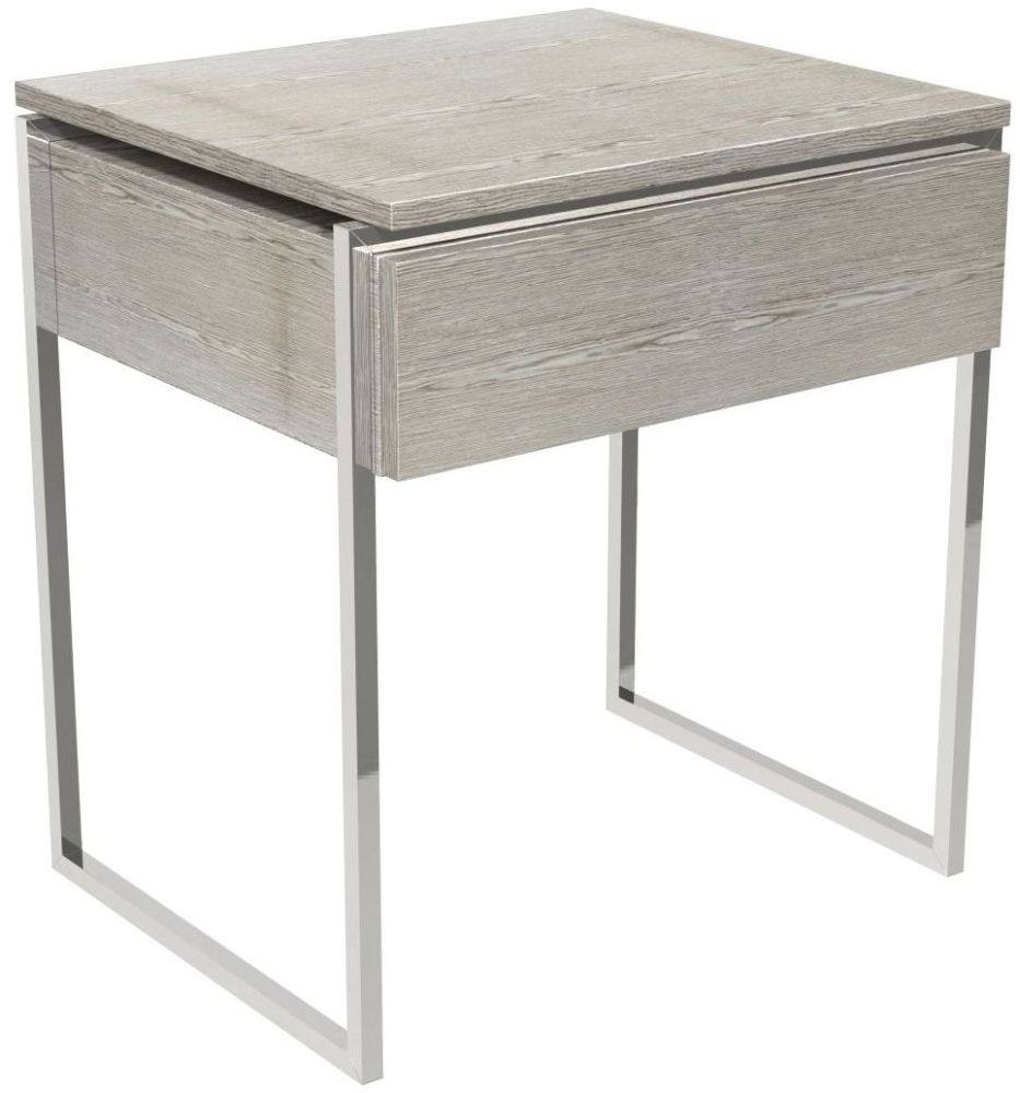 Gillmore Space Federico Weathered Oak 1 Drawer Side Table With Polished Chrome Frame