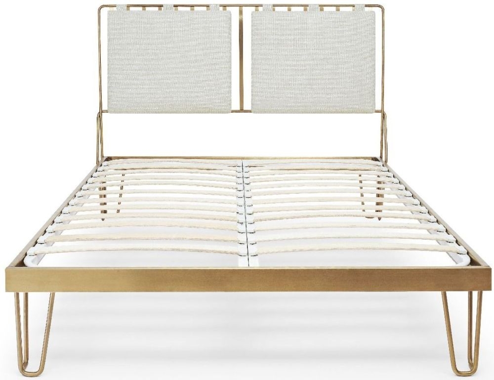 Gillmore Space Finn Brass Brushed Bedstead Frame With Natural Woven Fabric Headboard