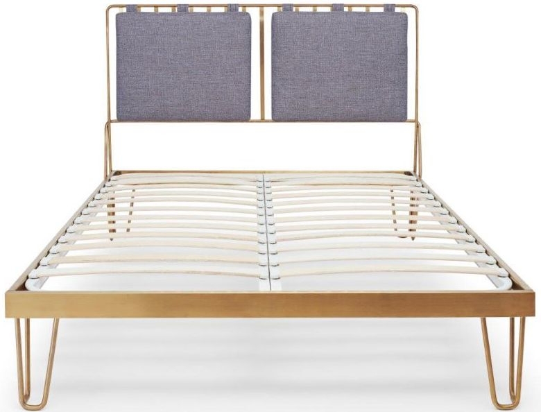 Gillmore Space Finn Brass Brushed Bedstead Frame With Pewter Woven Fabric Headboard