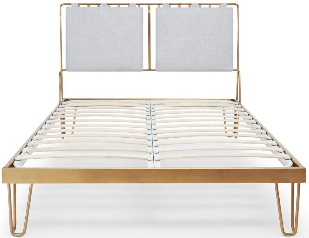 Gillmore Space Finn Brass Brushed Bedstead Frame With Silver Woven Fabric Headboard